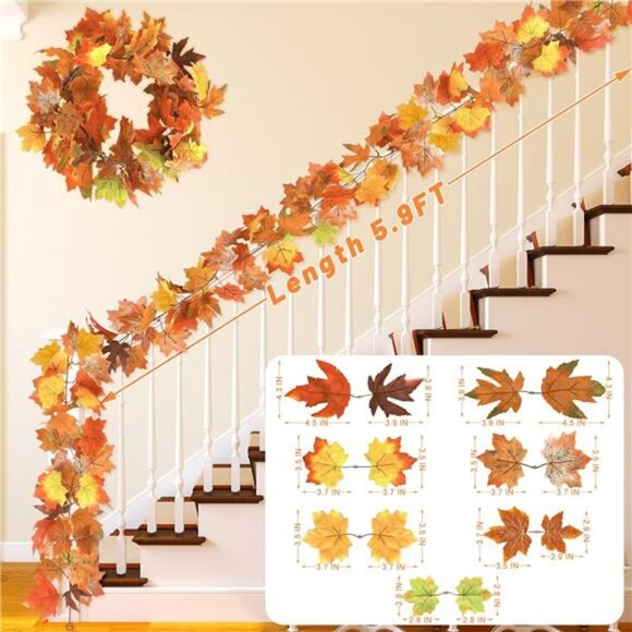 Fall Garland Set of 2 Autumn Leaf Garland 11FT Thanksgiving Decor Indoor Outdoor - Picture 2 of 7